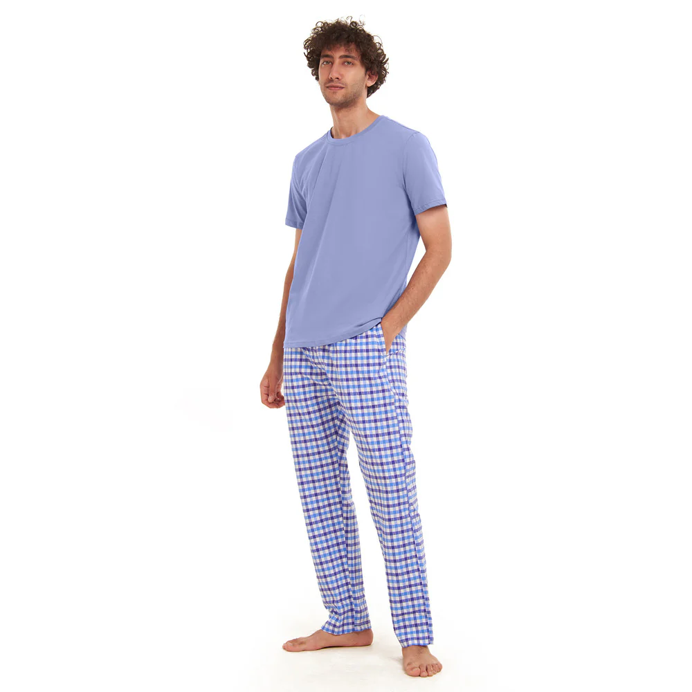 Men summer pajama set  Light BlueT-shirt + light blue x White Checkered Pants - Image 4