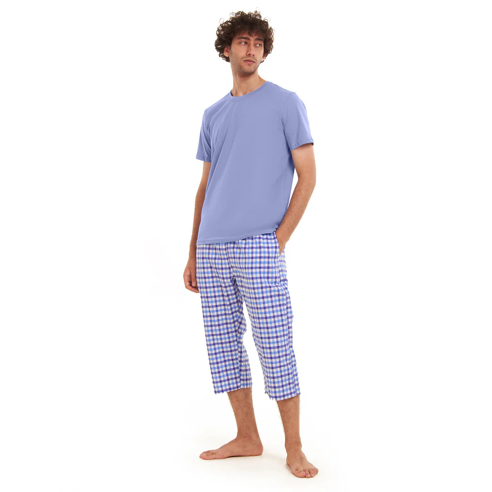Men summer pajama set  Light blue T-shirt + light blue x White Checkered Pantacor - Image 2