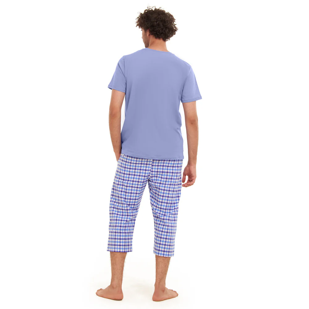 Men summer pajama set  Light blue T-shirt + light blue x White Checkered Pantacor - Image 3