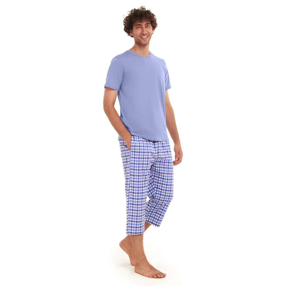 Men summer pajama set  Light blue T-shirt + light blue x White Checkered Pantacor - Image 4