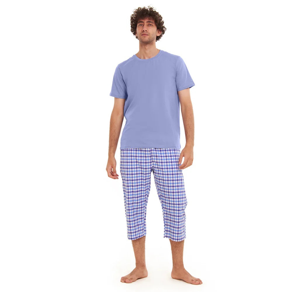 Men summer pajama set  Light blue T-shirt + light blue x White Checkered Pantacor - Image 5
