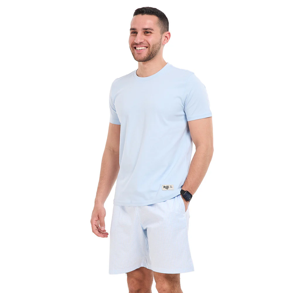 Men summer pajama set Light blue T-shirt + light blue X White checkered Shorts - Image 3