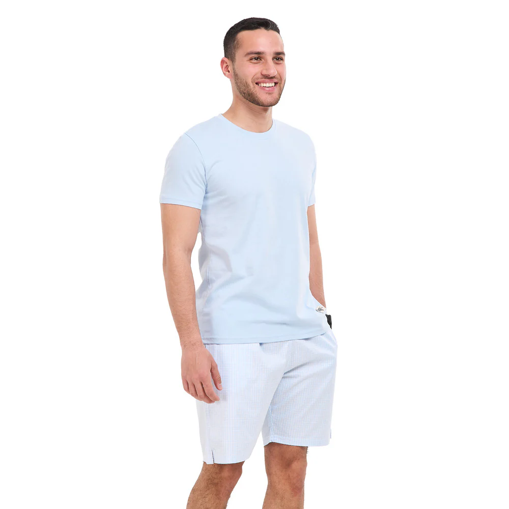 Men summer pajama set Light blue T-shirt + light blue X White checkered Shorts - Image 4