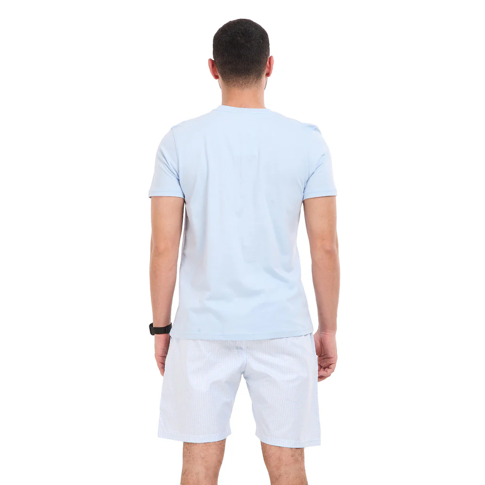 Men summer pajama set Light blue T-shirt + light blue X White checkered Shorts - Image 5