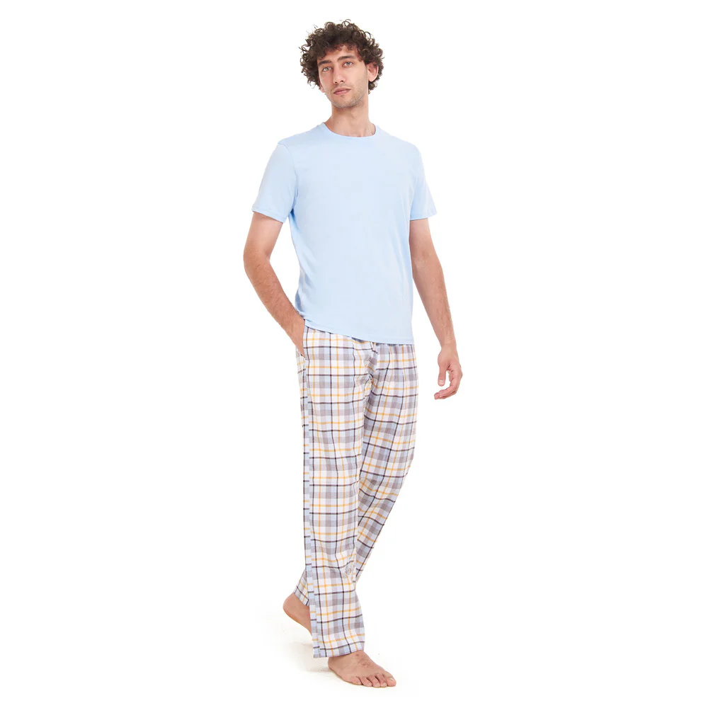 Men summer pajama set Light Blue T-shirt +Light Blue x Yellow Checkered pants - Image 2