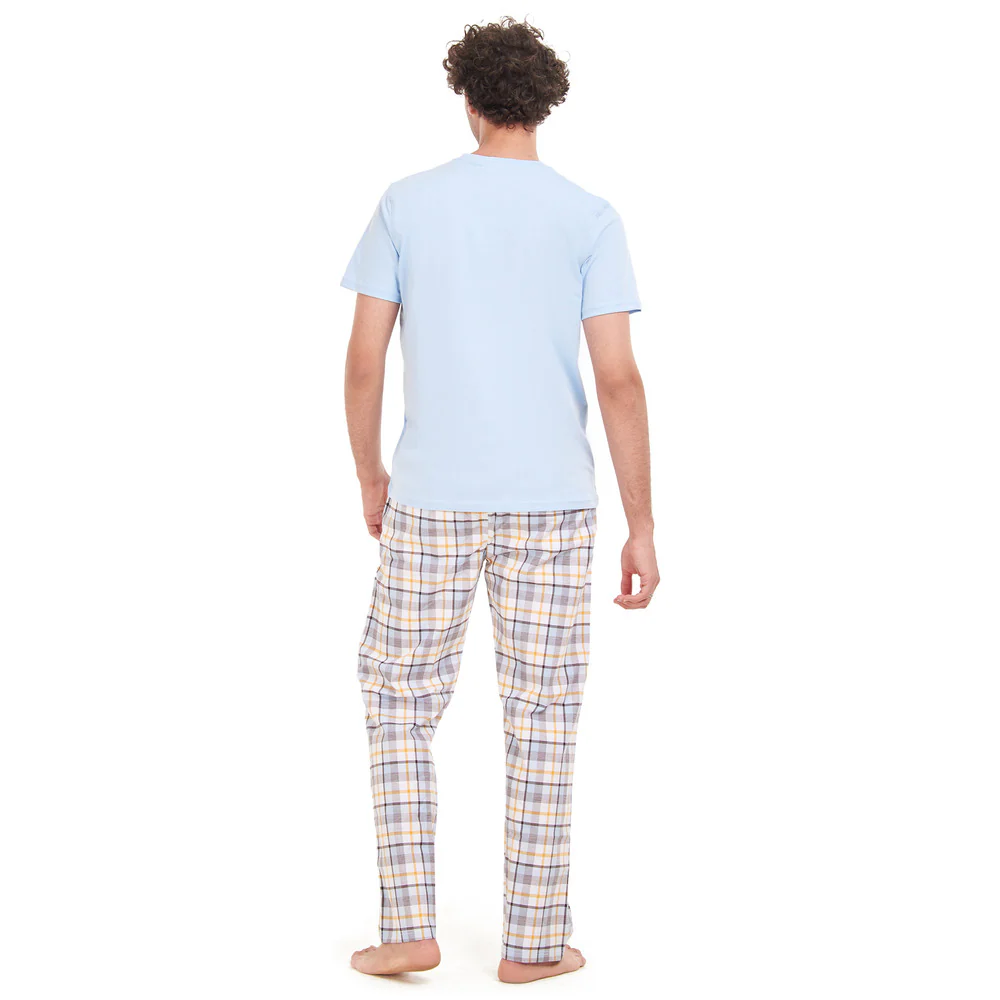 Men summer pajama set Light Blue T-shirt +Light Blue x Yellow Checkered pants - Image 3