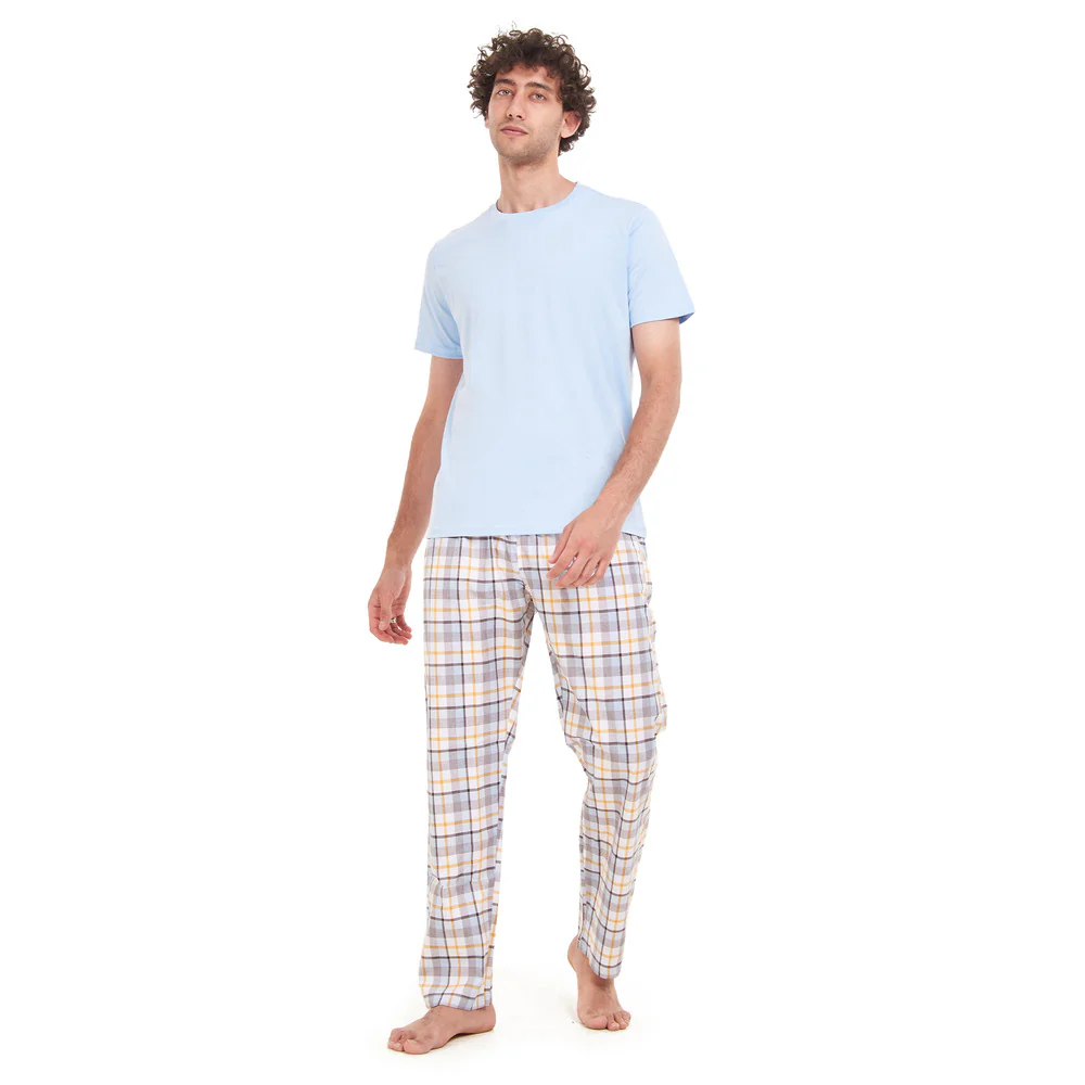 Men summer pajama set Light Blue T-shirt +Light Blue x Yellow Checkered pants - Image 4