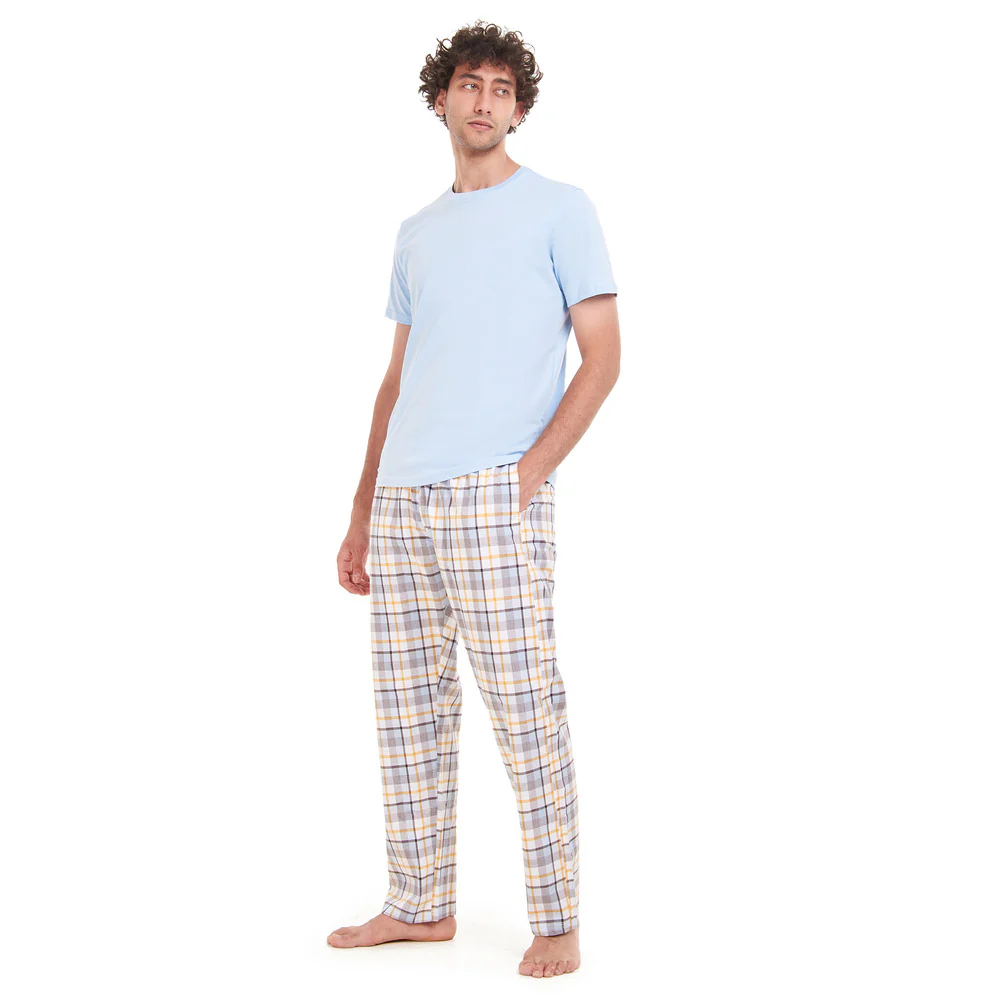 Men summer pajama set Light Blue T-shirt +Light Blue x Yellow Checkered pants - Image 5