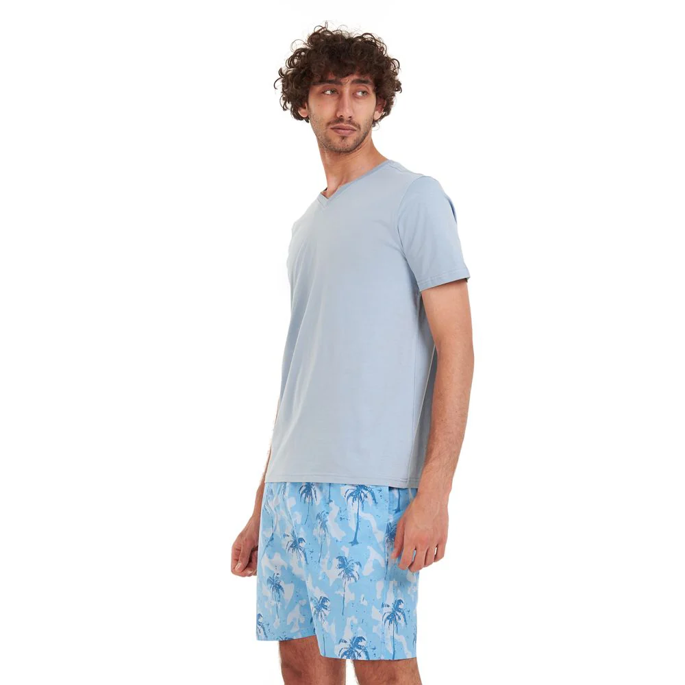 Men summer pajama set Light blue T-shirt + Light blue Palm short - Image 2