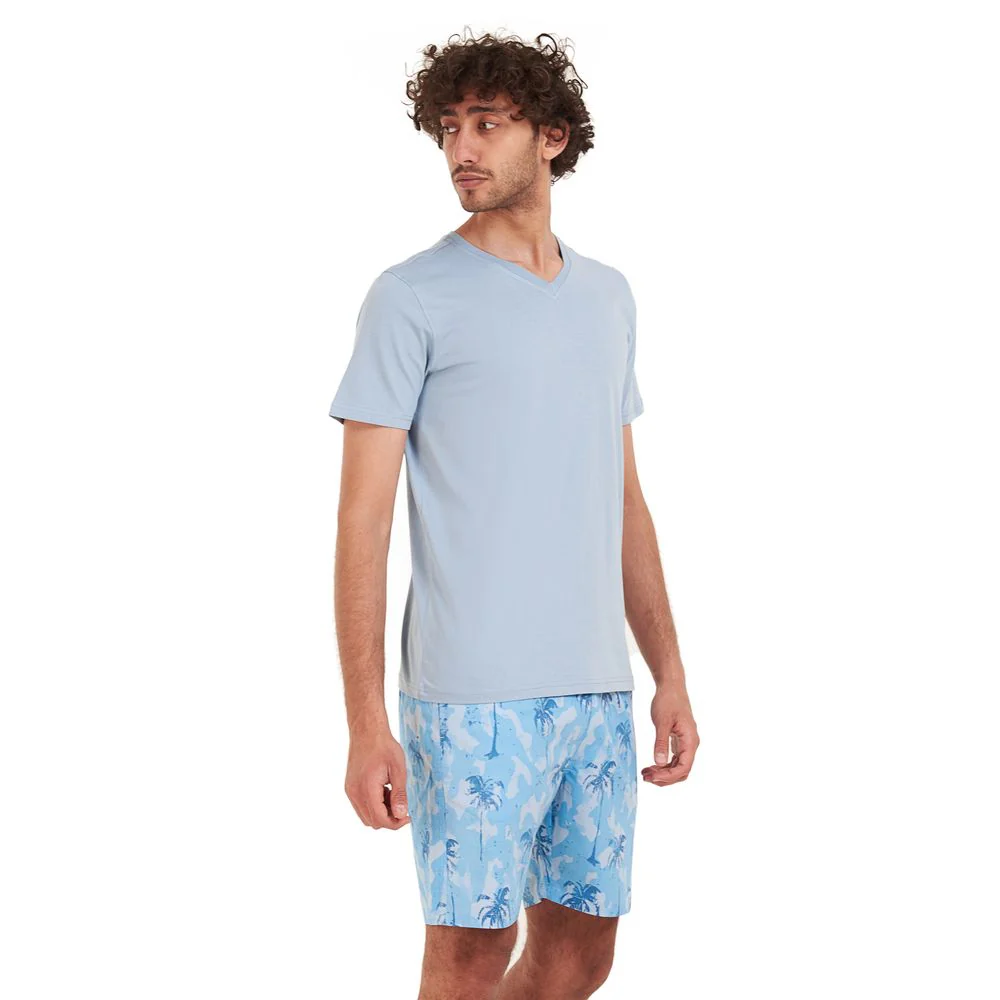 Men summer pajama set Light blue T-shirt + Light blue Palm short - Image 3