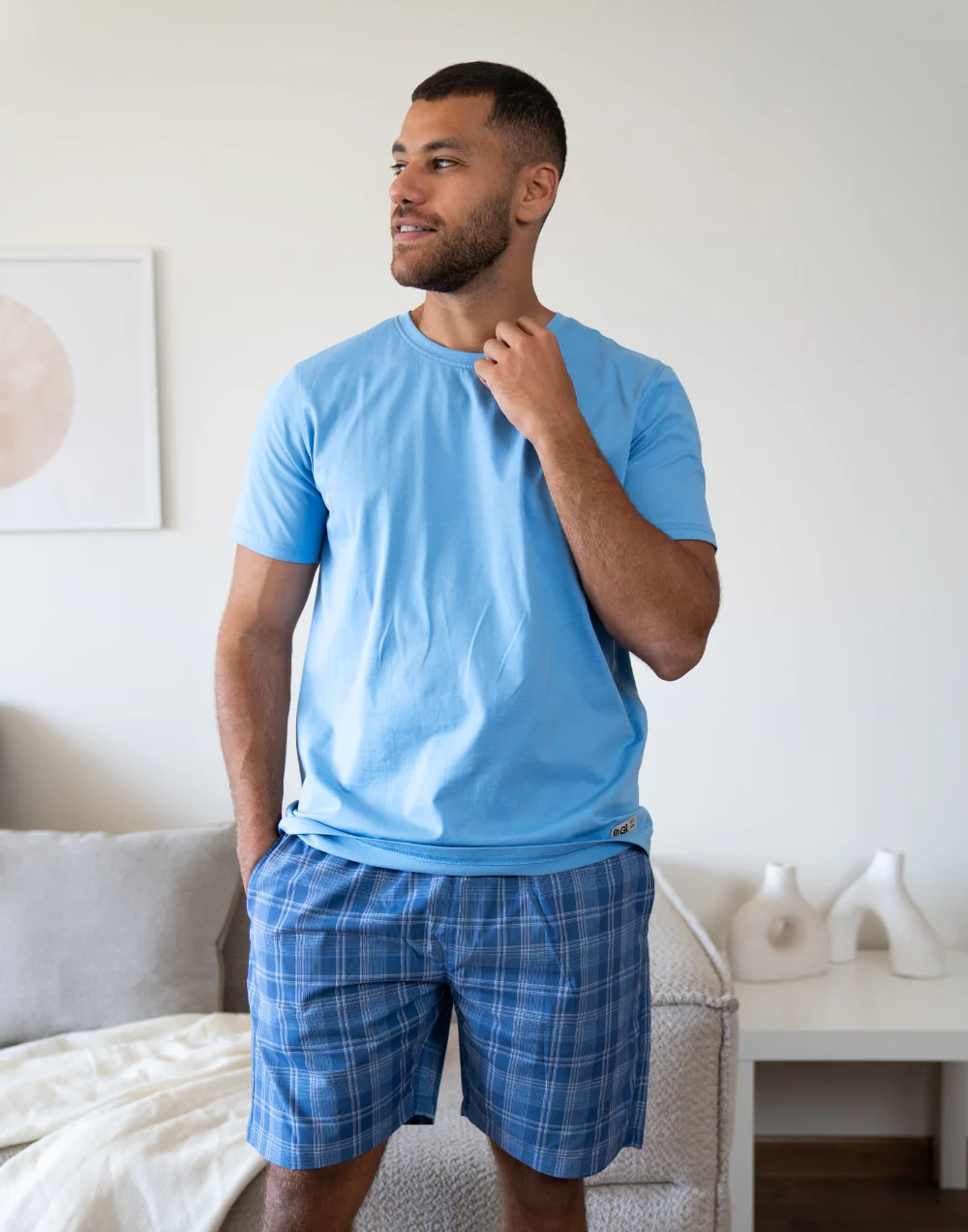 Men Summer Pajama Set Light Blue T-shirt + White X Silver plaid Short - Image 2