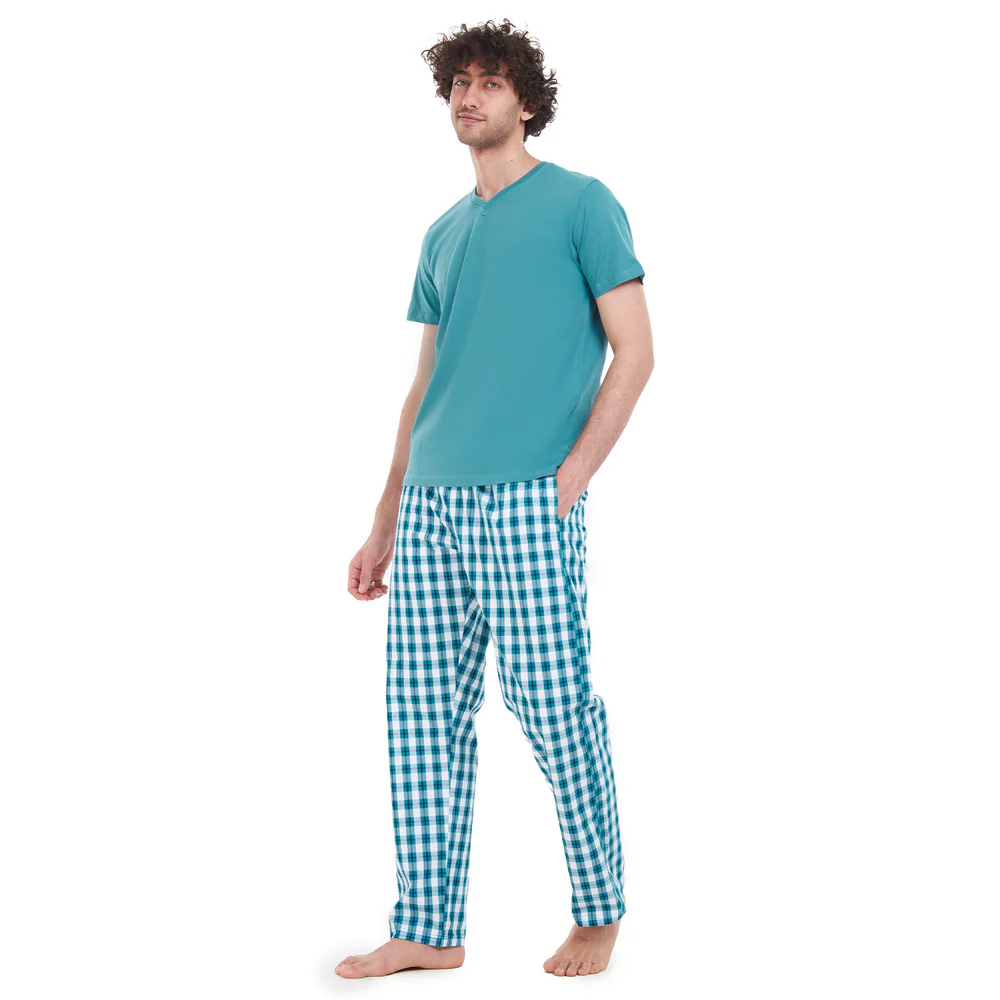 Men summer pajama set Light Green T-shirt + Green Checkered pants - Image 2