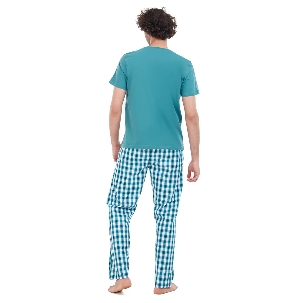 Men summer pajama set Light Green T-shirt + Green Checkered pants - Image 3