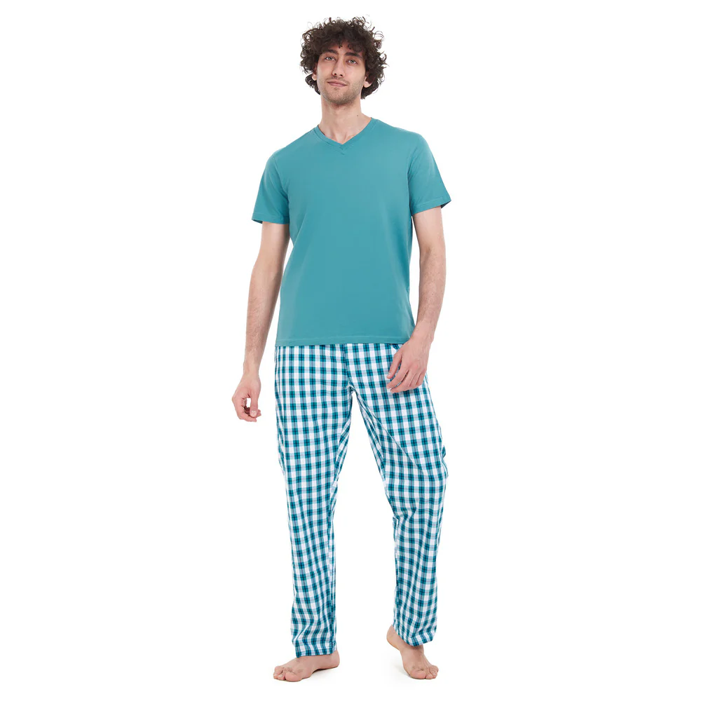 Men summer pajama set Light Green T-shirt + Green Checkered pants - Image 4
