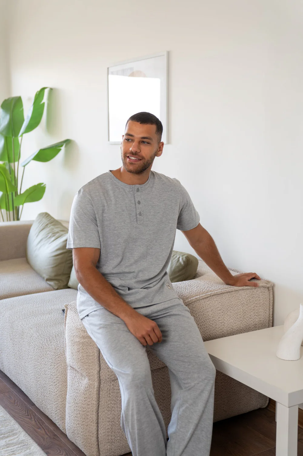 Men Summer Pajama Set Light Grey Buttoned Tee + Pants - Image 2
