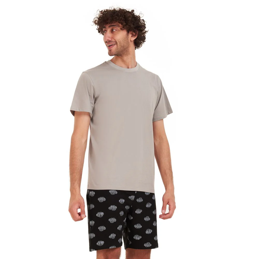 Men summer pajama set Light grey T-shirt + Black clouds short - Image 2
