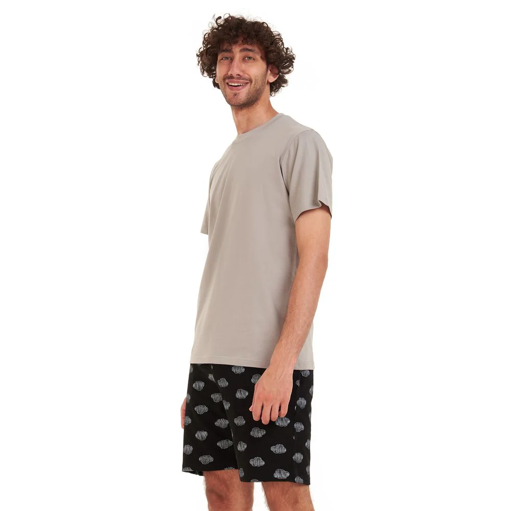 Men summer pajama set Light grey T-shirt + Black clouds short - Image 3