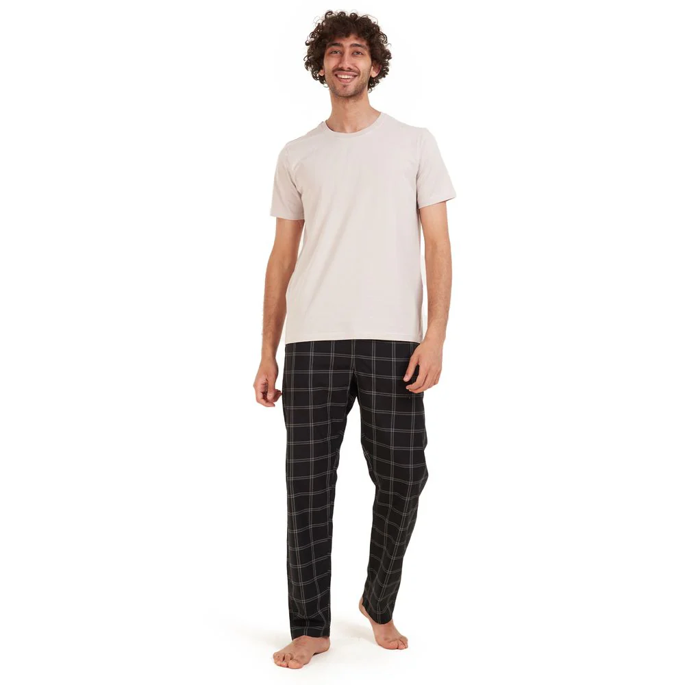 Men summer pajama set Light grey t-shirt +Black x grey checkered Pants - Image 3