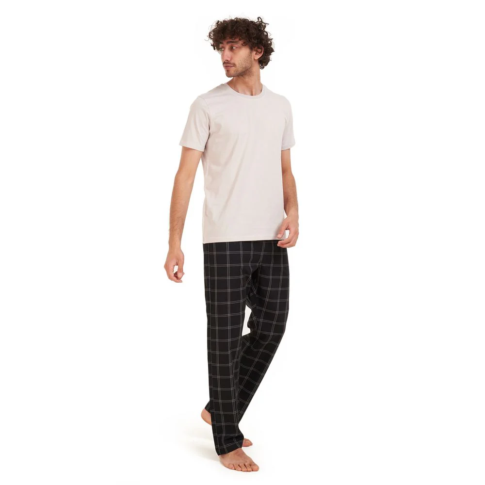 Men summer pajama set Light grey t-shirt +Black x grey checkered Pants - Image 4