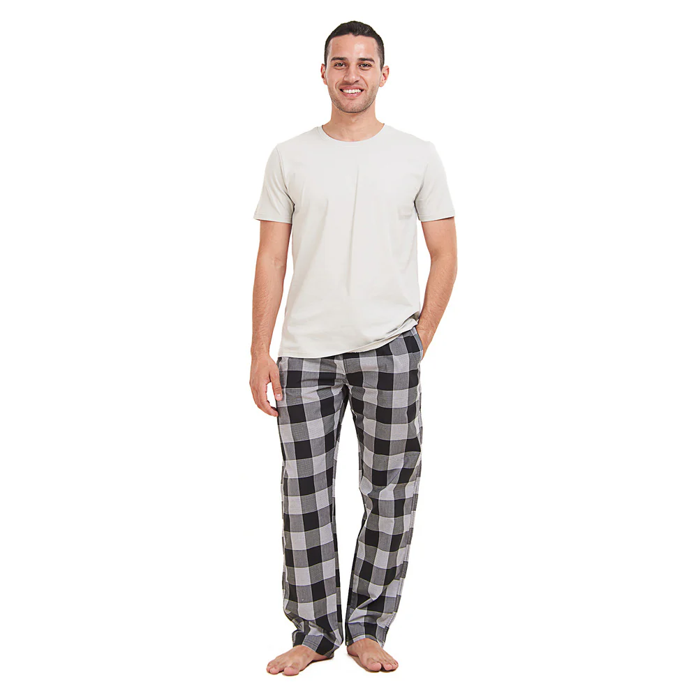 Men summer pajama set Light grey T-shirt + Black x White Checkered Pants - Image 2