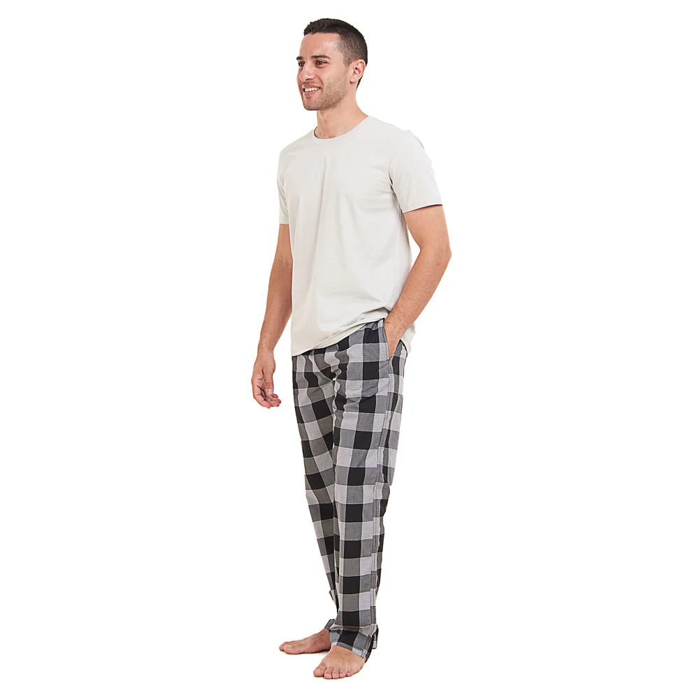 Men summer pajama set Light grey T-shirt + Black x White Checkered Pants - Image 3