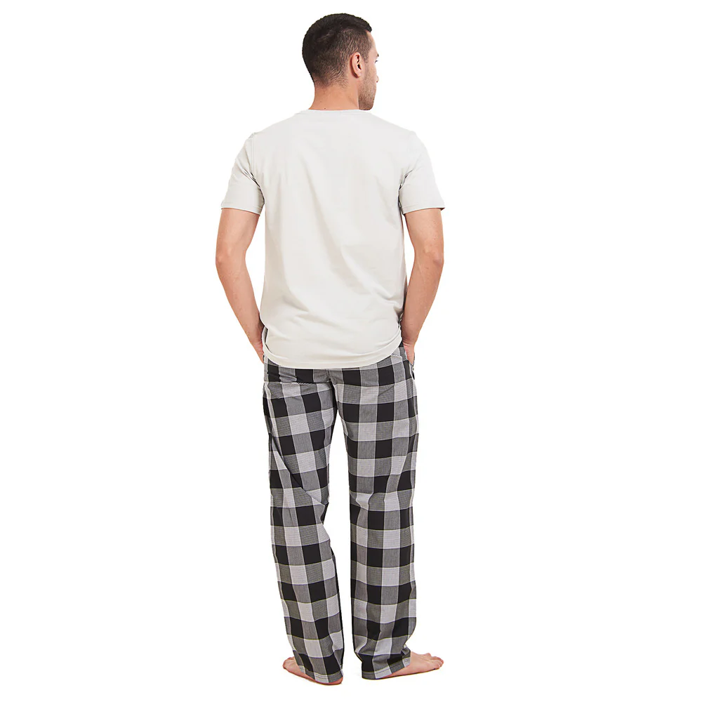 Men summer pajama set Light grey T-shirt + Black x White Checkered Pants - Image 4