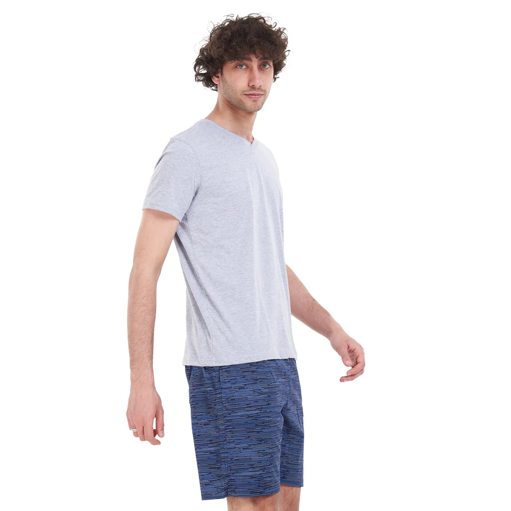 Men summer pajama set Light grey T-shirt + Dark blue striped short - Image 2