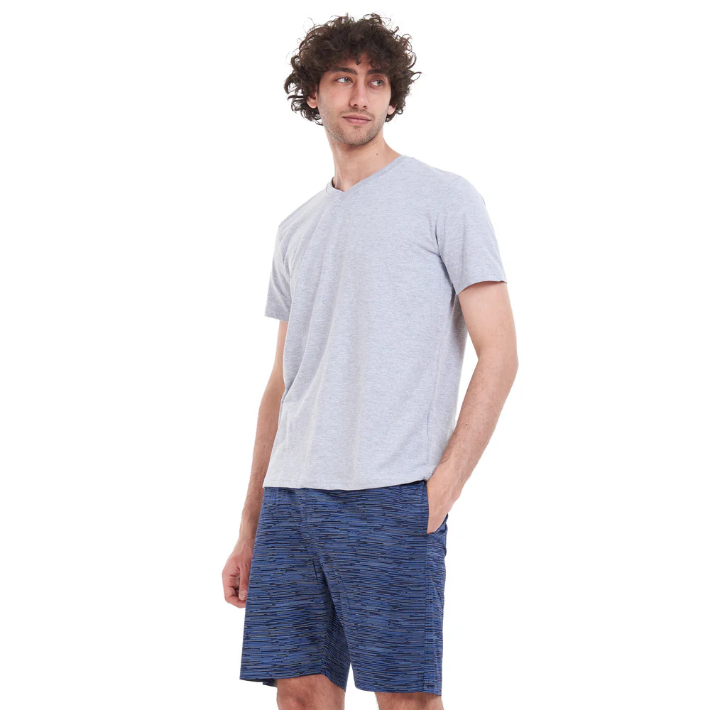 Men summer pajama set Light grey T-shirt + Dark blue striped short - Image 3