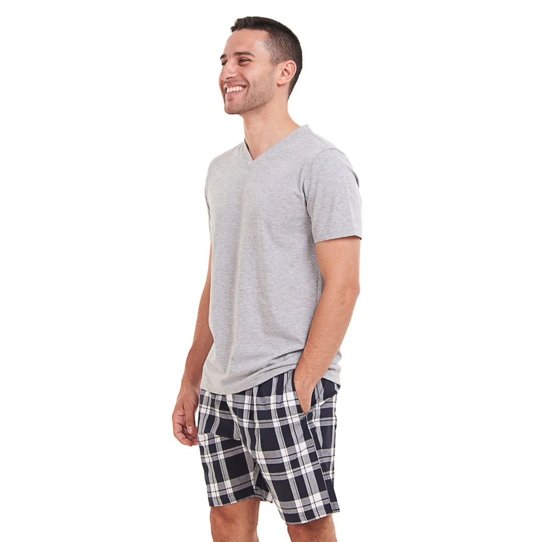 Men summer pajama set Light Grey T-shirt +Dark Blue x White Checkered short - Image 2