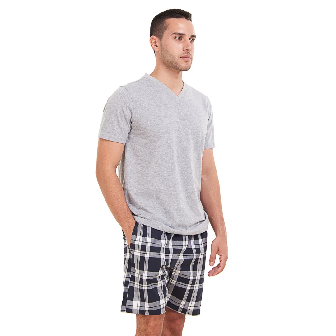 Men summer pajama set Light Grey T-shirt +Dark Blue x White Checkered short - Image 3
