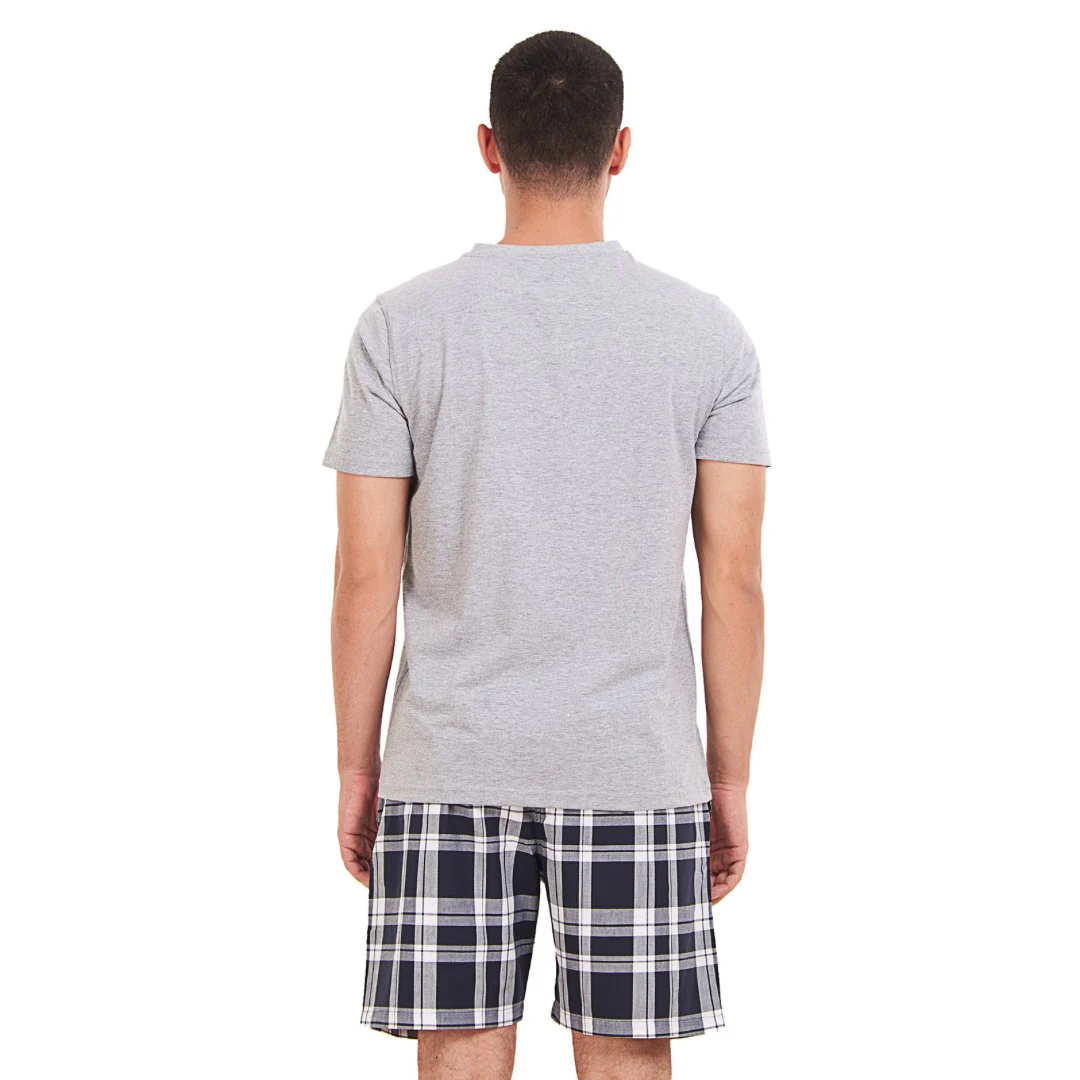 Men summer pajama set Light Grey T-shirt +Dark Blue x White Checkered short - Image 4