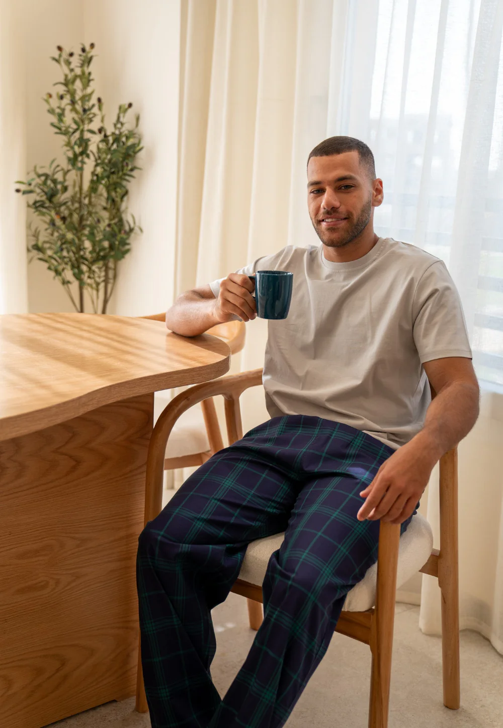 Men summer pajama set Light Grey T-shirt + Dark Green X Dark Blue Plaid Pants