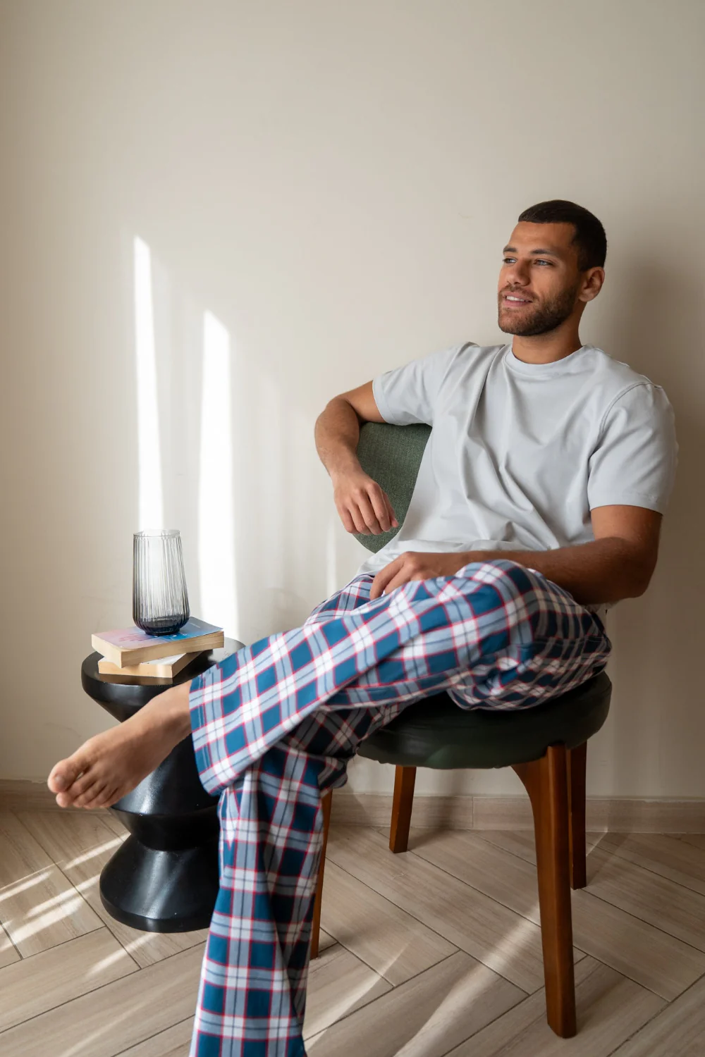 Men summer pajama set Light Grey T-shirt + Indigo X Red Plaid Pants - Image 2