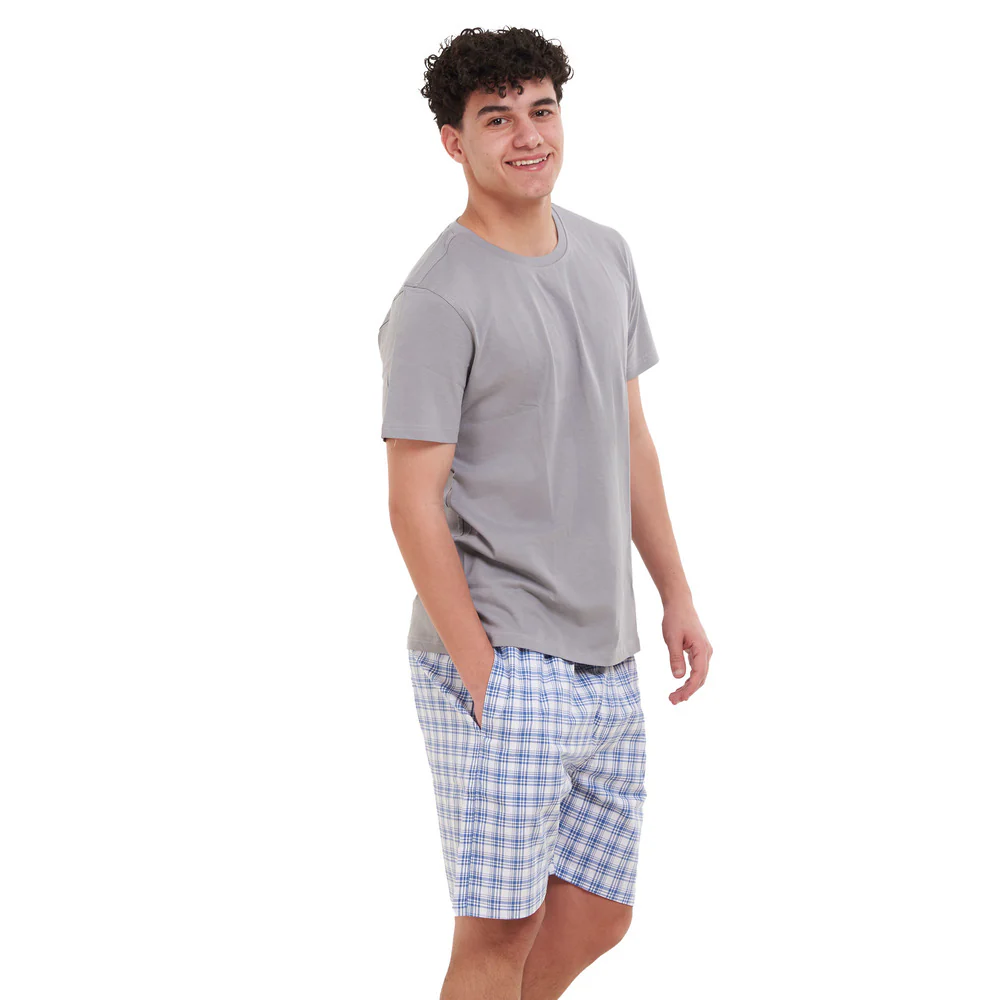 Men summer pajama set Light Grey T-shirt + Indigo x White Checkered short - Image 2