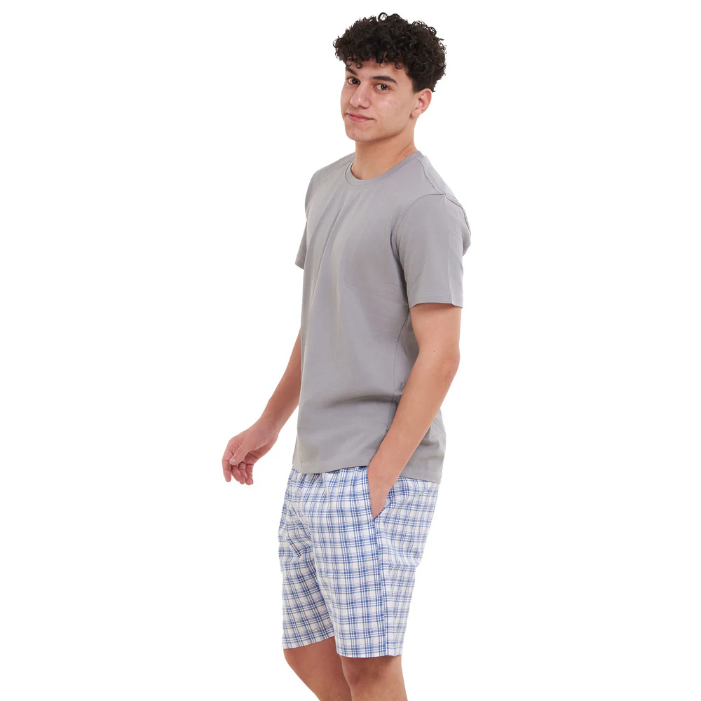 Men summer pajama set Light Grey T-shirt + Indigo x White Checkered short - Image 3