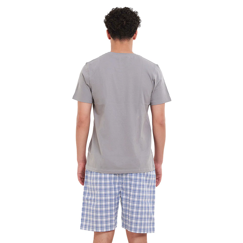 Men summer pajama set Light Grey T-shirt + Indigo x White Checkered short - Image 4