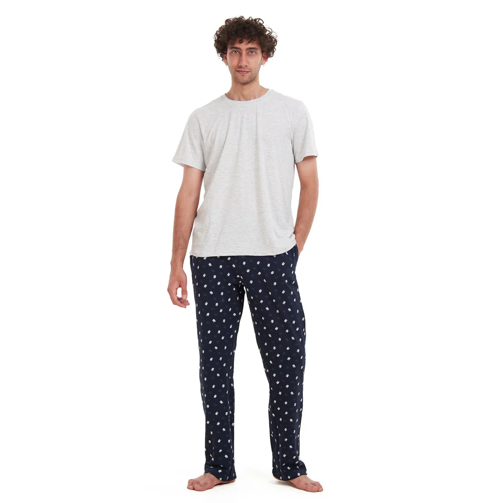 Men summer pajama set Light Grey T-shirt + Black Leaves pants - Image 2