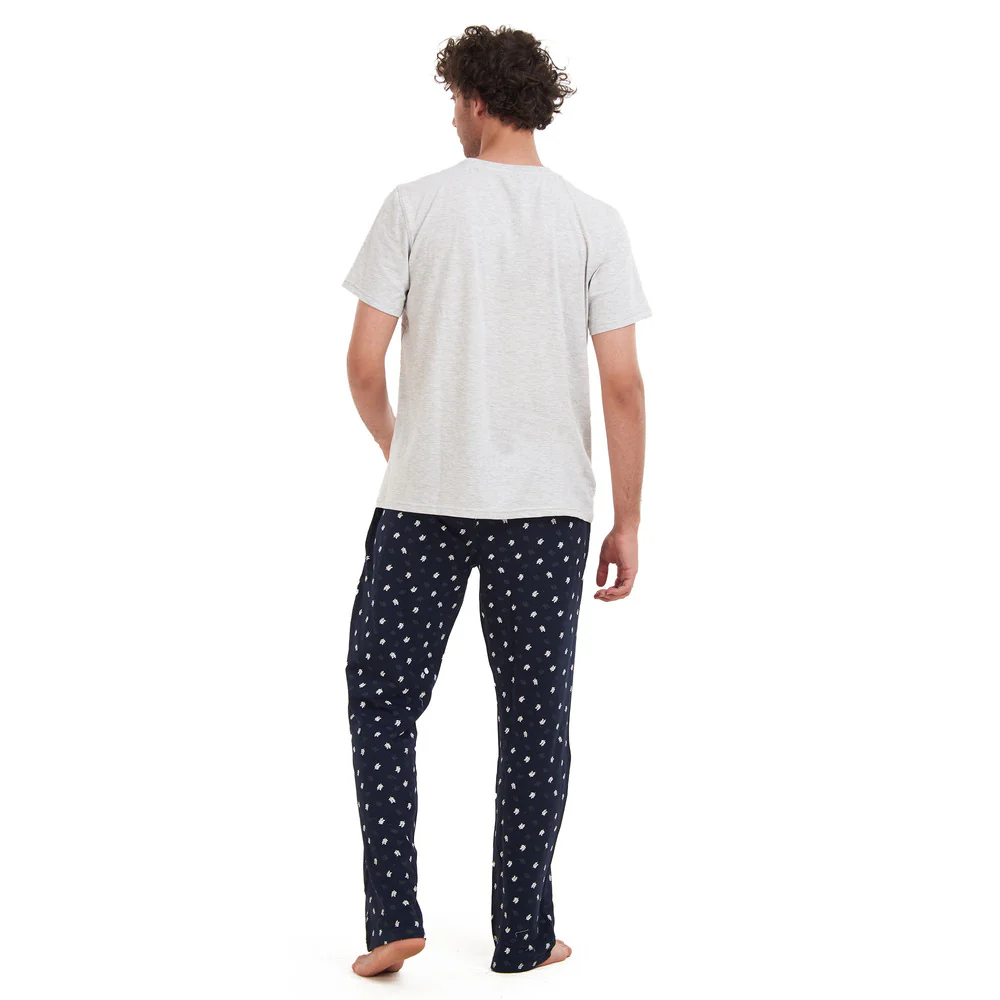 Men summer pajama set Light Grey T-shirt + Black Leaves pants - Image 3