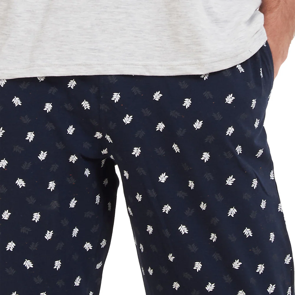 Men summer pajama set Light Grey T-shirt + Black Leaves pants - Image 4