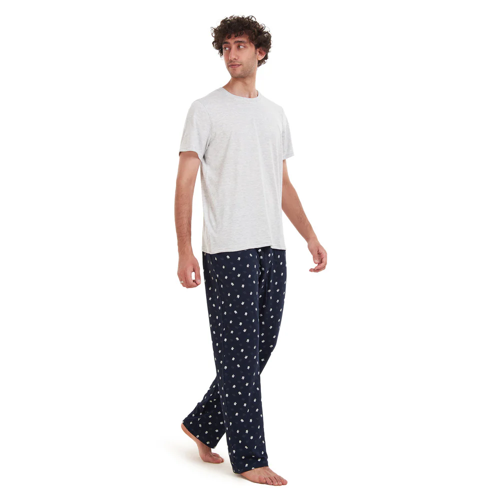 Men summer pajama set Light Grey T-shirt + Black Leaves pants - Image 5