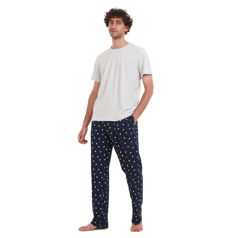 Men summer pajama set Light Grey T-shirt + Black Leaves pants - Image 6