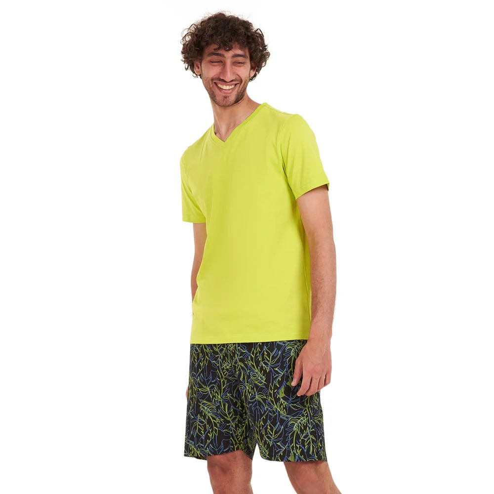 Men summer pajama set Lime green T-shirt + Petroleum x lime green short