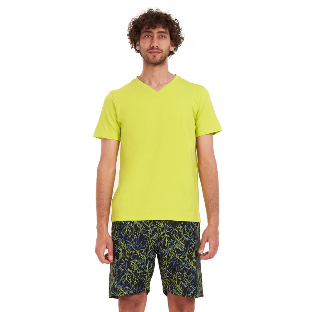 Men summer pajama set Lime green T-shirt + Petroleum x lime green short - Image 2