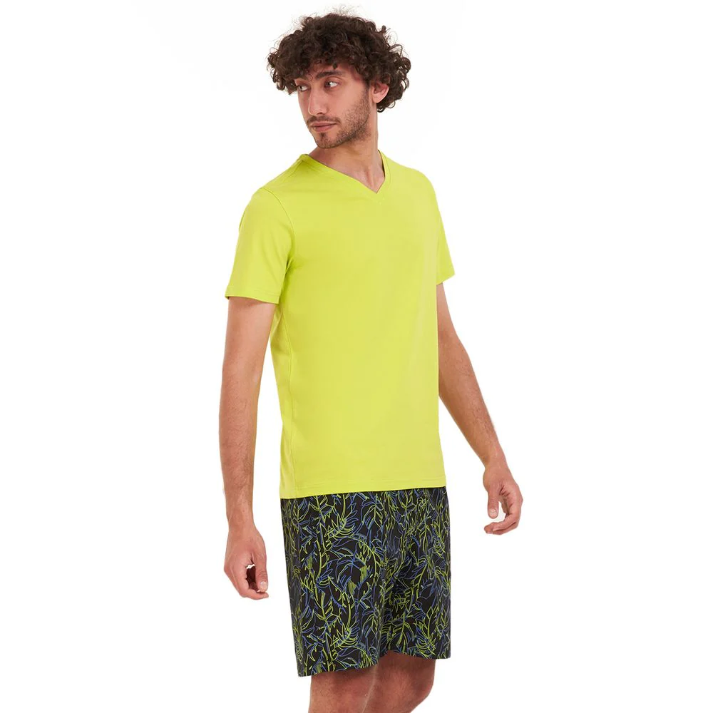 Men summer pajama set Lime green T-shirt + Petroleum x lime green short - Image 3