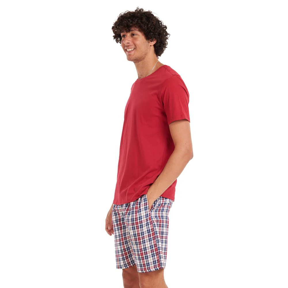 Men summer pajama set Maroon T-shirt +maroon checkered shorts - Image 2