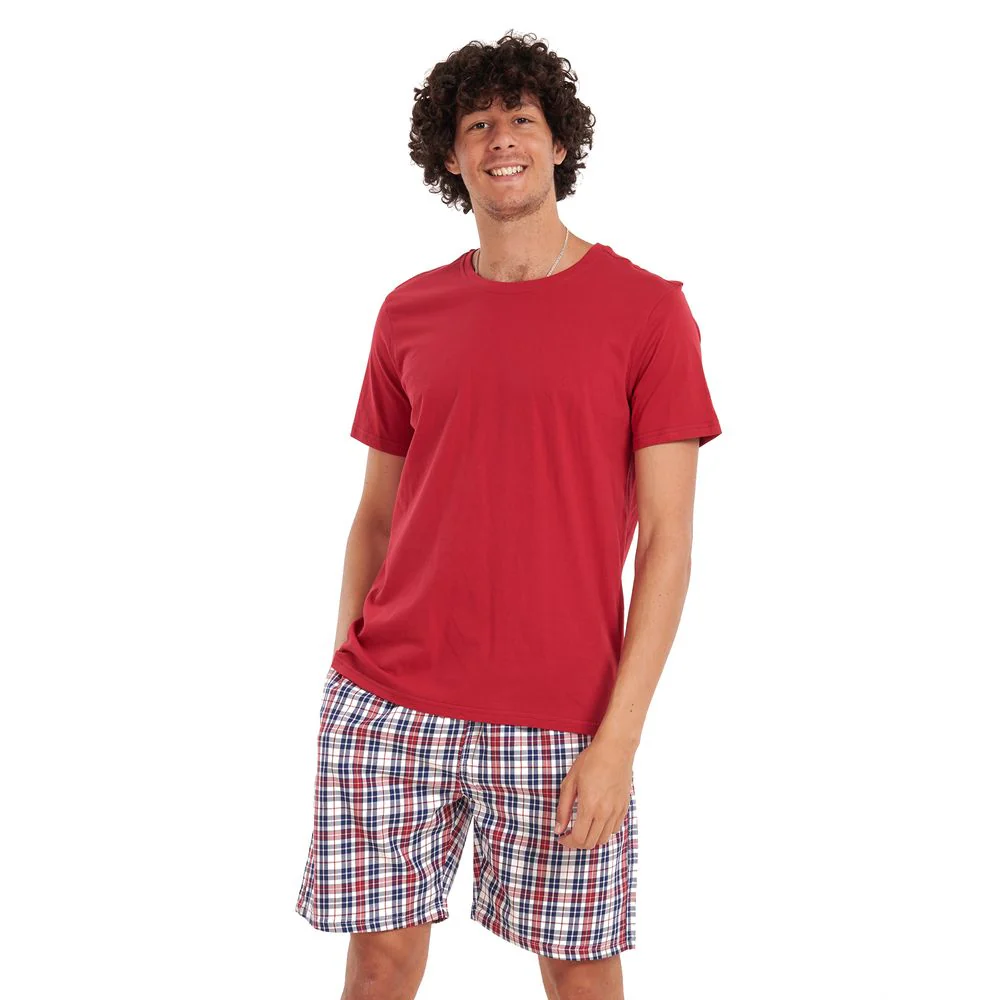 Men summer pajama set Maroon T-shirt +maroon checkered shorts - Image 3