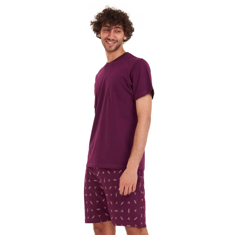 Men summer pajama set Maroon T-shirt + Maroon leaves short - Image 2