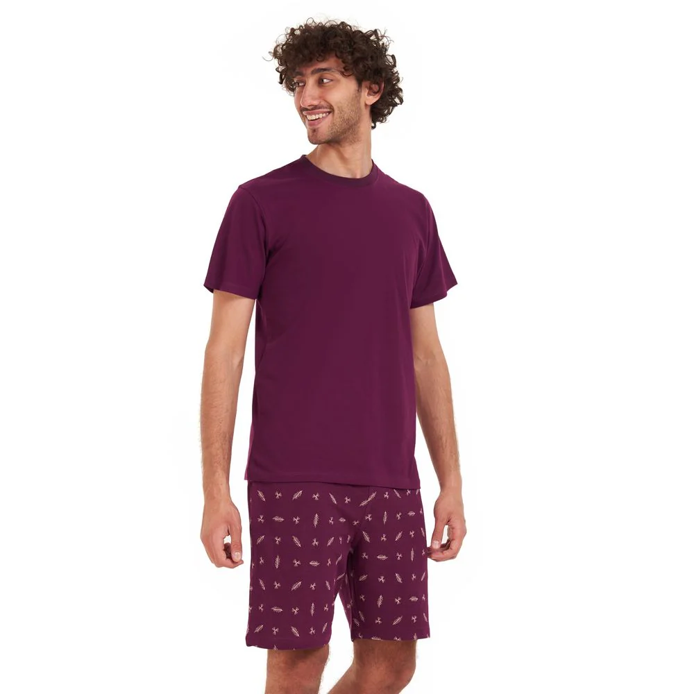 Men summer pajama set Maroon T-shirt + Maroon leaves short - Image 3