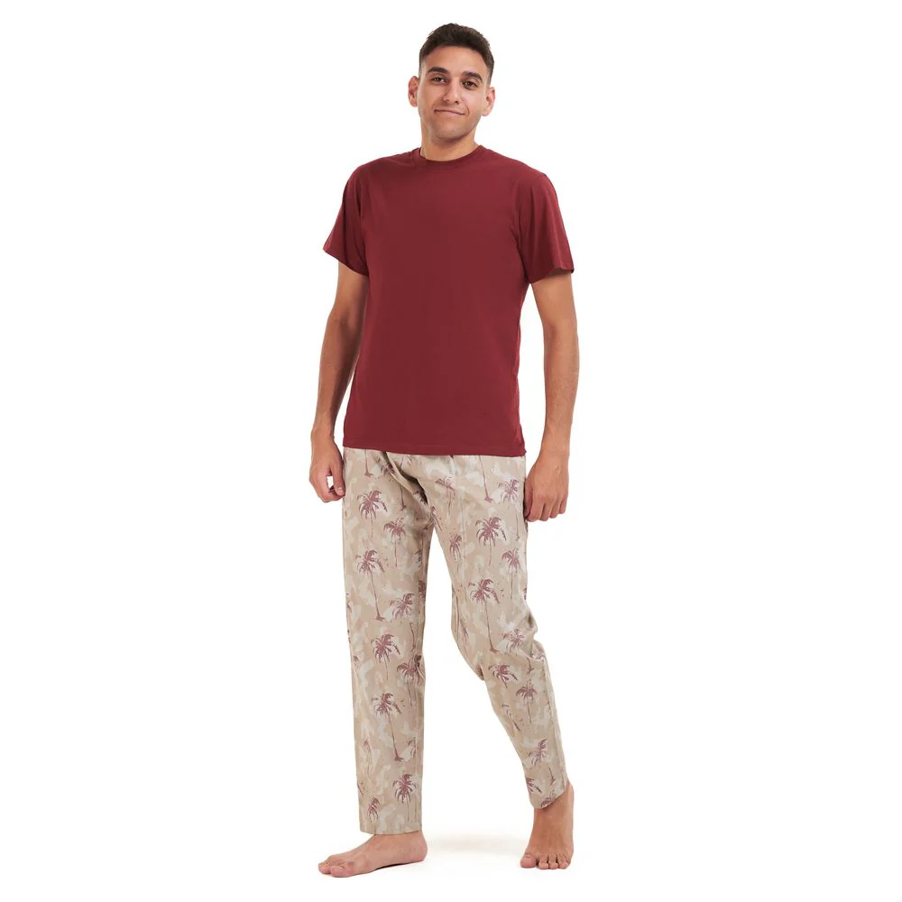 Men summer pajama set Maroon t-shirt +Maroon palm Pants - Image 2