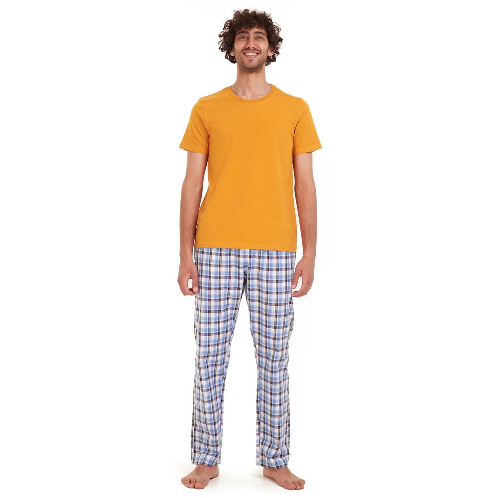 Men summer pajama set Mustard t-shirt + Dark blue x white checkered Pants - Image 2